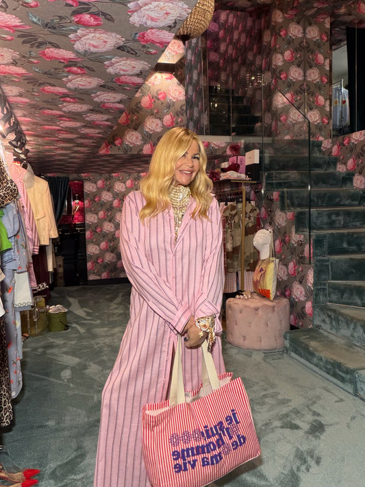 Mon amour Paris abito chemisier a righe rosa e nero con cinta