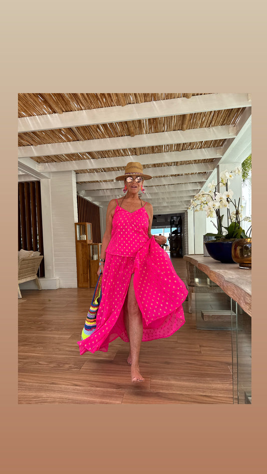 Wild -50% di sconto completo in tessuto ricamato filo oro top e gonna lunga con spacco