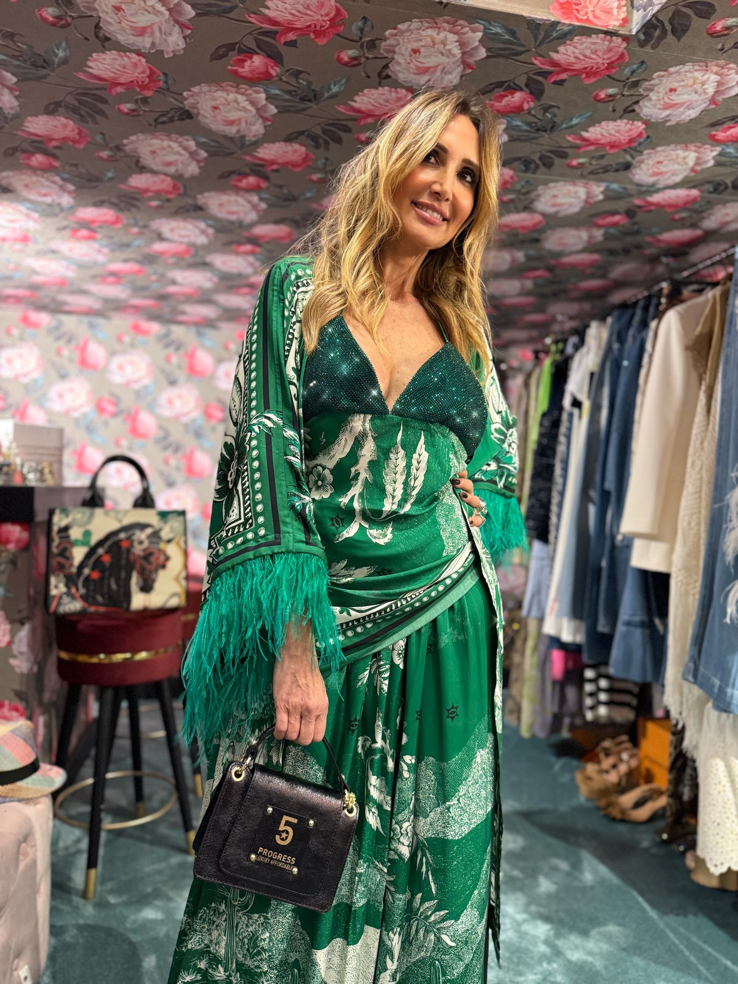 Dahlo -50% di sconto kimono fantasia verde manica Marabou