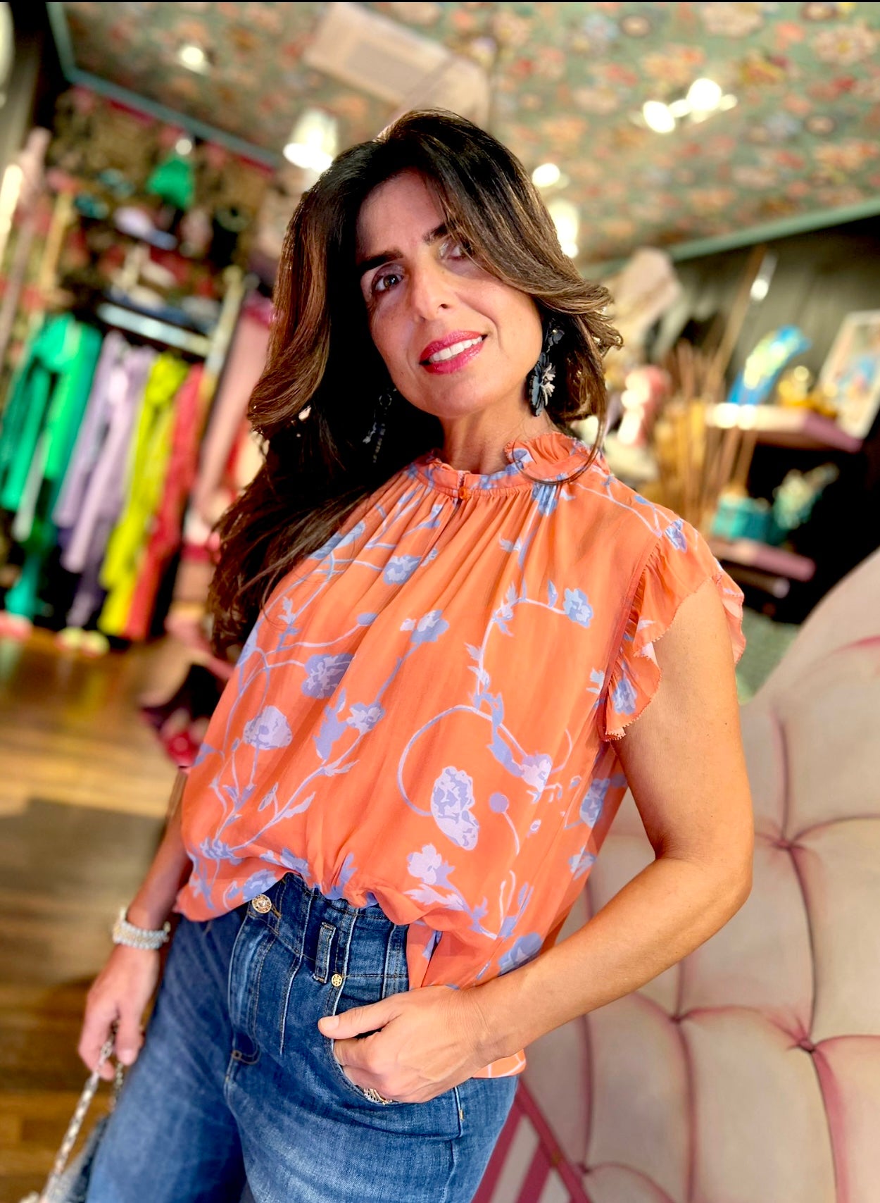 Nenette meno 50% blusa s/m fantasia fiori mandarino/azzurro