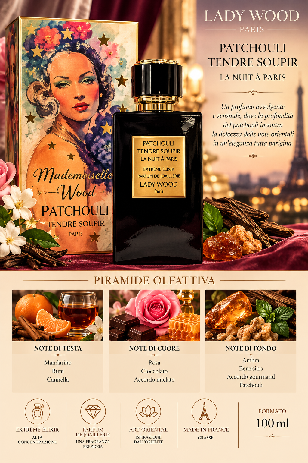 Madamoiselle Wood Paris profumo patchouli tendre soupir elixer de luxe eau de parfum spray 100 ml