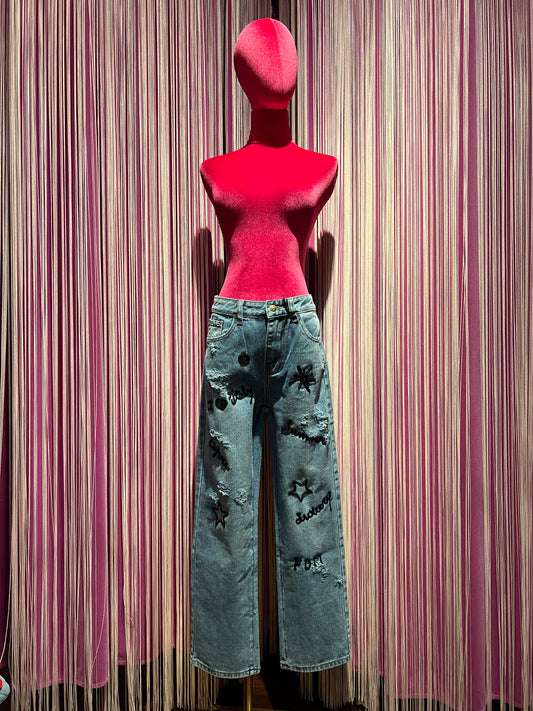 History Repeats jeans denim con scritte nere glitter