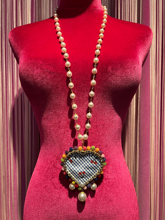 Monilia collana lunga cuore quadretti vichy blu