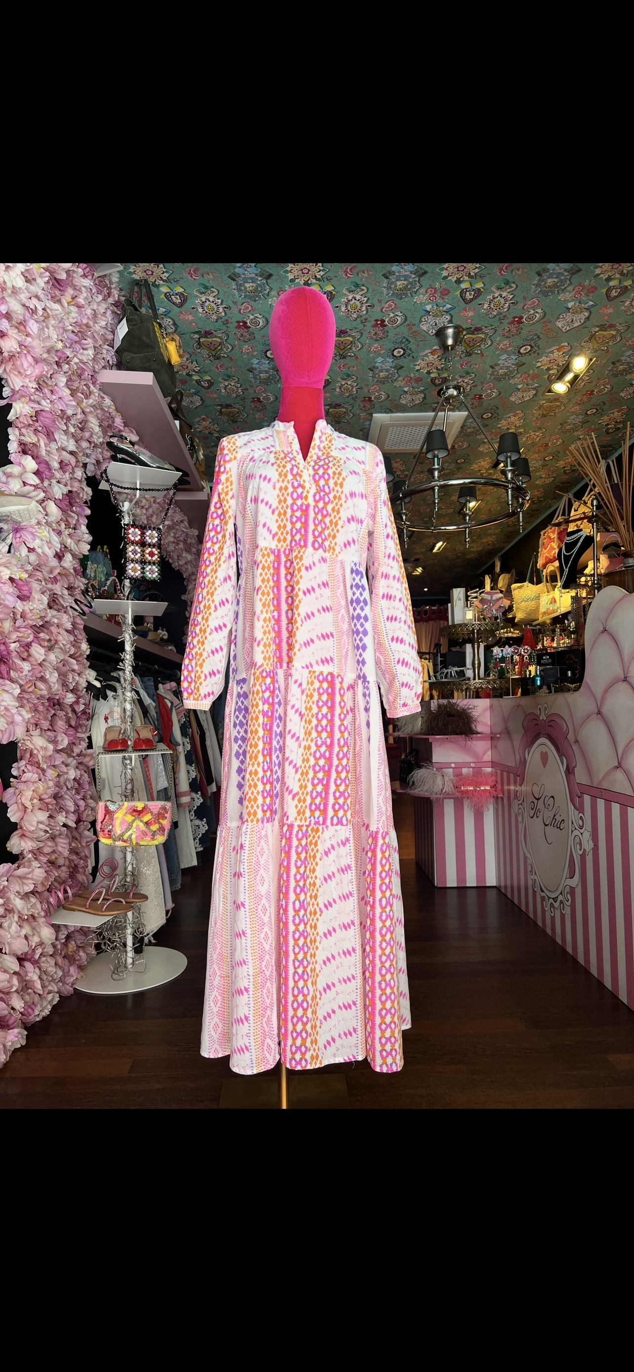 Mon amour Paris meno 20% di sconto abito lungo a balze fantasia fondo bianco