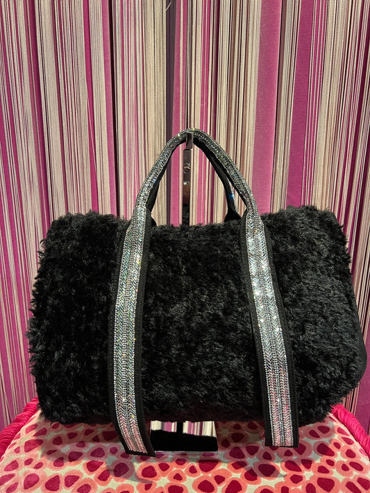 Borsa ecopelliccia astrakan nera due manici con Swarovski e tracolla