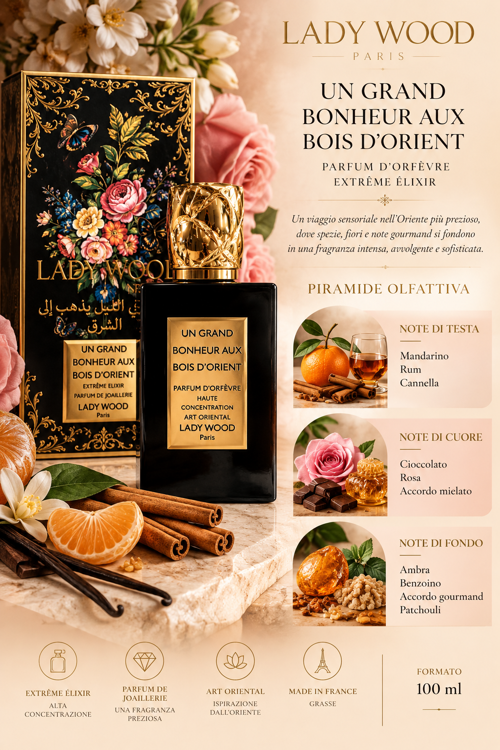 Lady Wood Paris profumo un grand bonheur bois d’orient exstreme elixir parfum de joaillerie, eau de parfum 100 ml