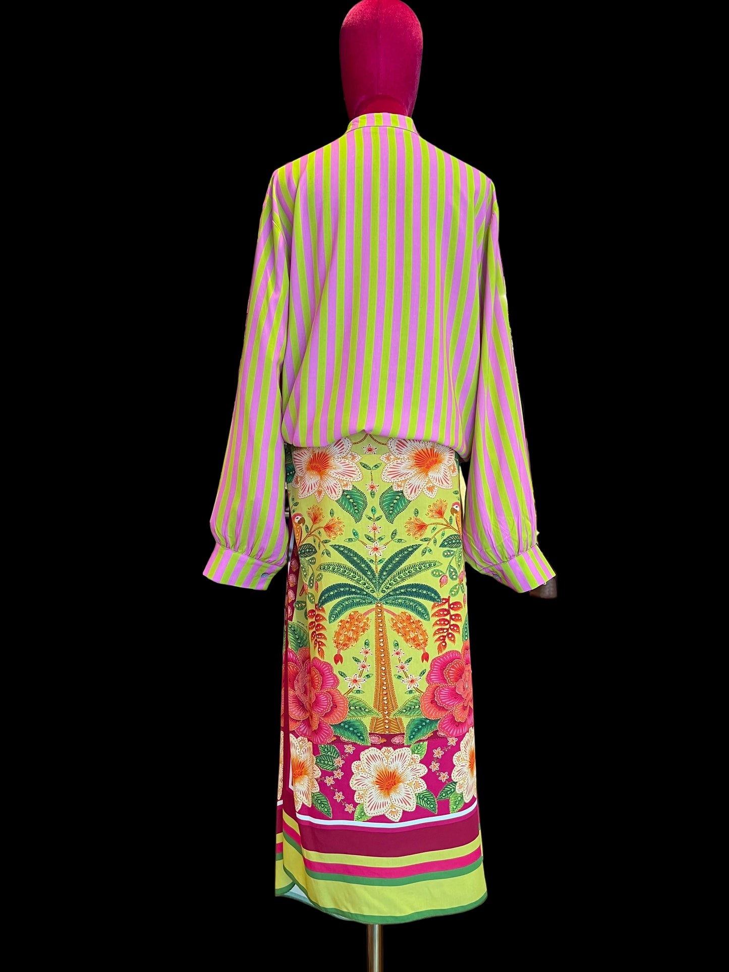 Mon amour Paris completo 100% viscosa camicia a righe e gonna fantasia con allacciatura laterale nodo
