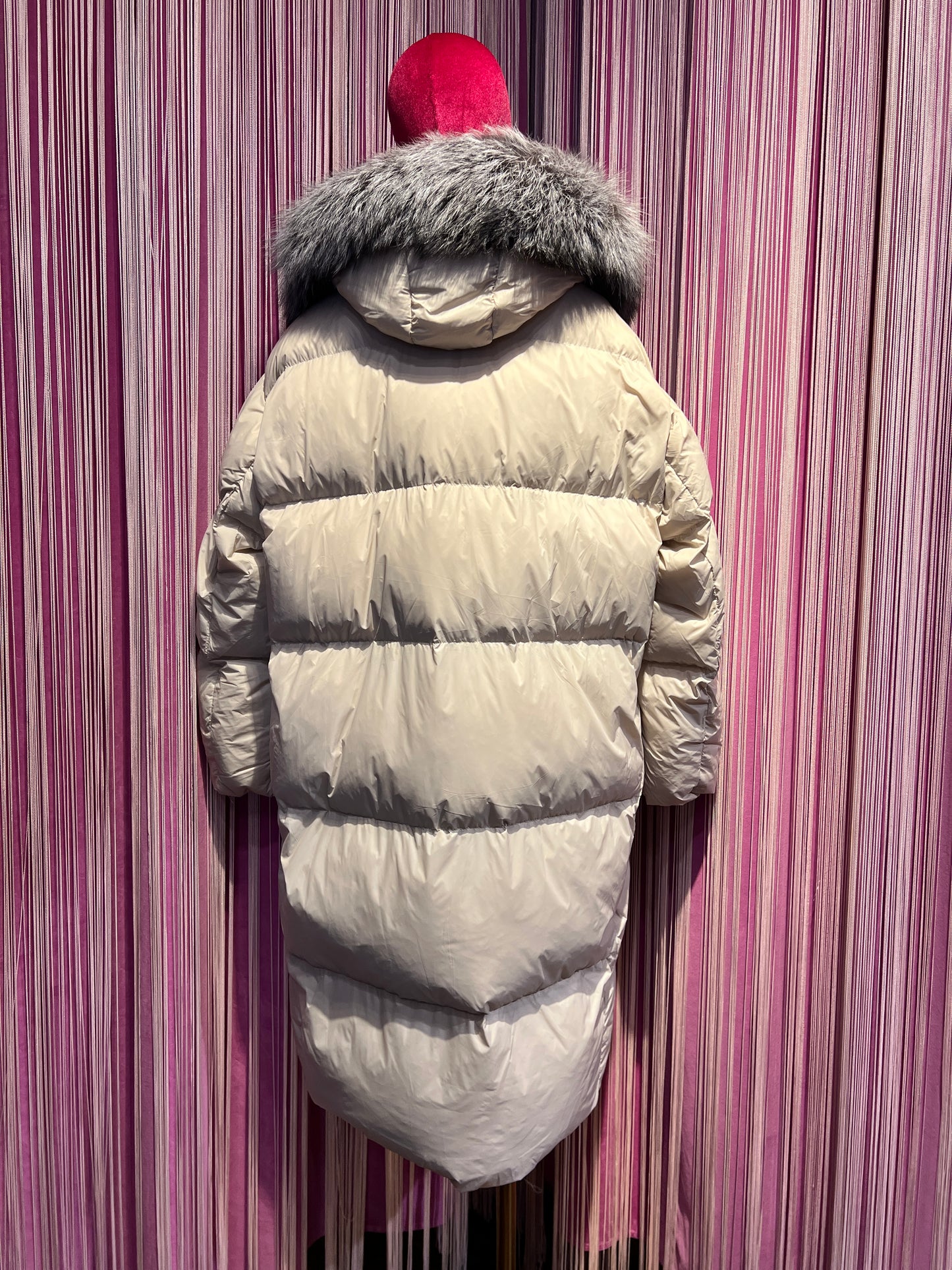 The room piumino lungo piuma d’oca con cappuccio,collo pelliccia rimovibile