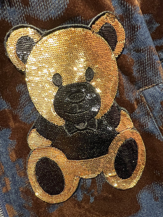 ABpink 🩷vellutina.giubbino velluto con interno in ecopelliccia ,colletto rimovibile, applicazioni patch teddy in micro paillettes , teddy in tessuto e patch cristalli