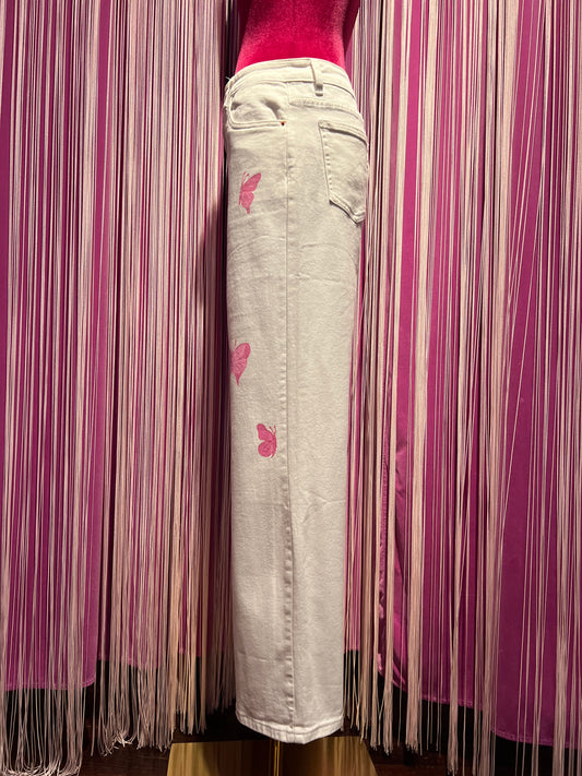 The room -50% di sconto jeans bianco in tessuto elasticizzato dipinto a mano con scritte e farfalle con elementi glitter