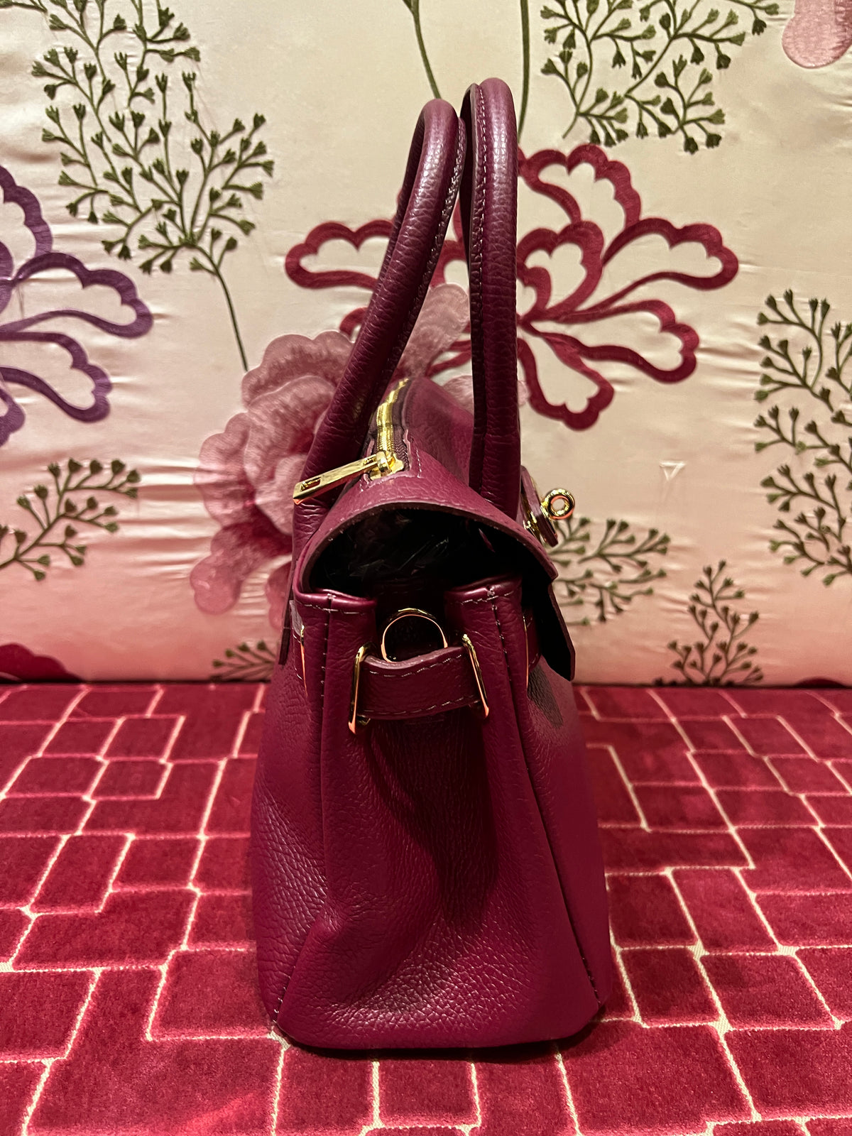 Borsa pelle burgundi due manici con tracollina
