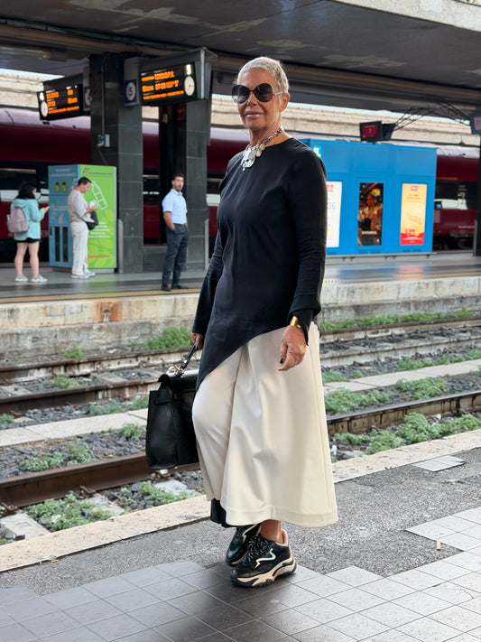 SU official gonna pantalone elasticizzato panna punto Milano gamba ampia