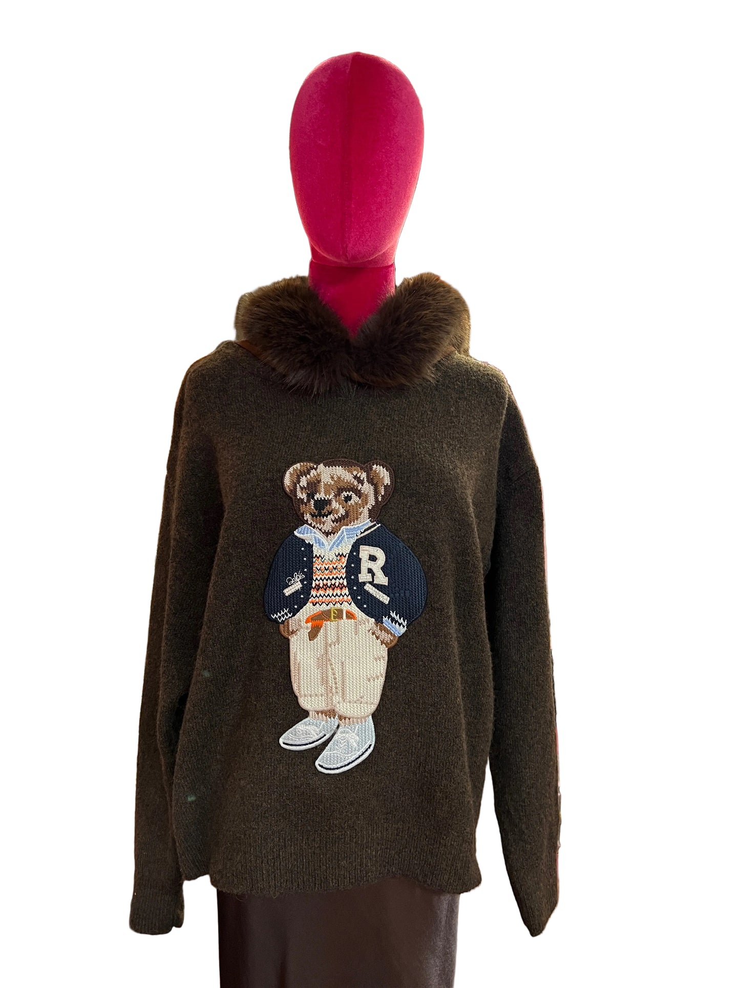 The room completo maglia con teddy , cappuccio con ecopelliccia rimovibile, gonna lunga marrone