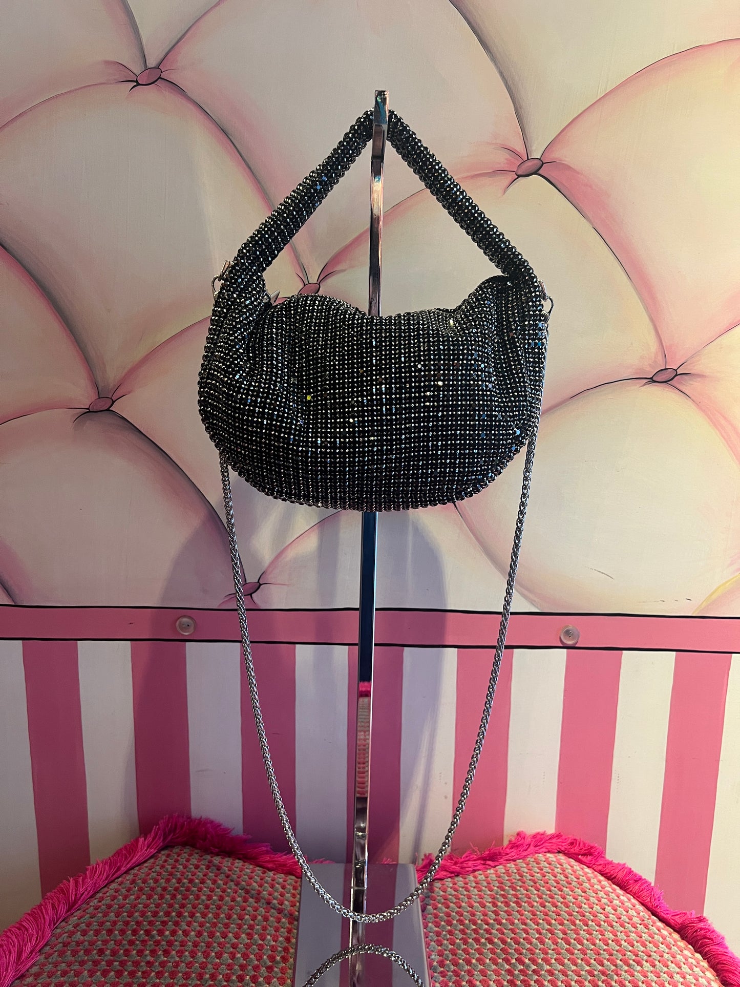 Love & roses borsa a mano full strass nero con tracolla argentata