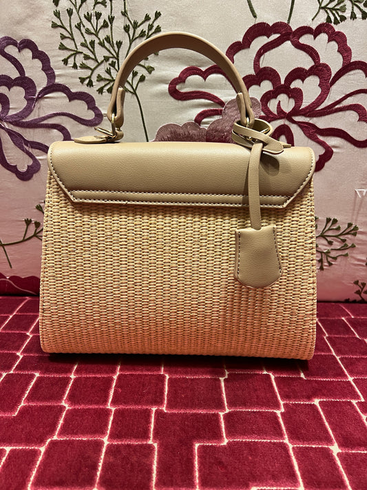 Borsa ecopelle e rattan con tracollina taupe e avorio