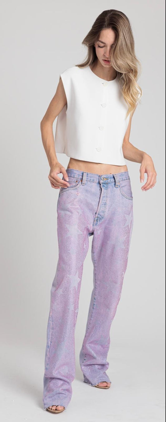 Rossano Perini  jeans vintage ultraboy sovratinto dirty rosa applicazioni strass flat stelle
