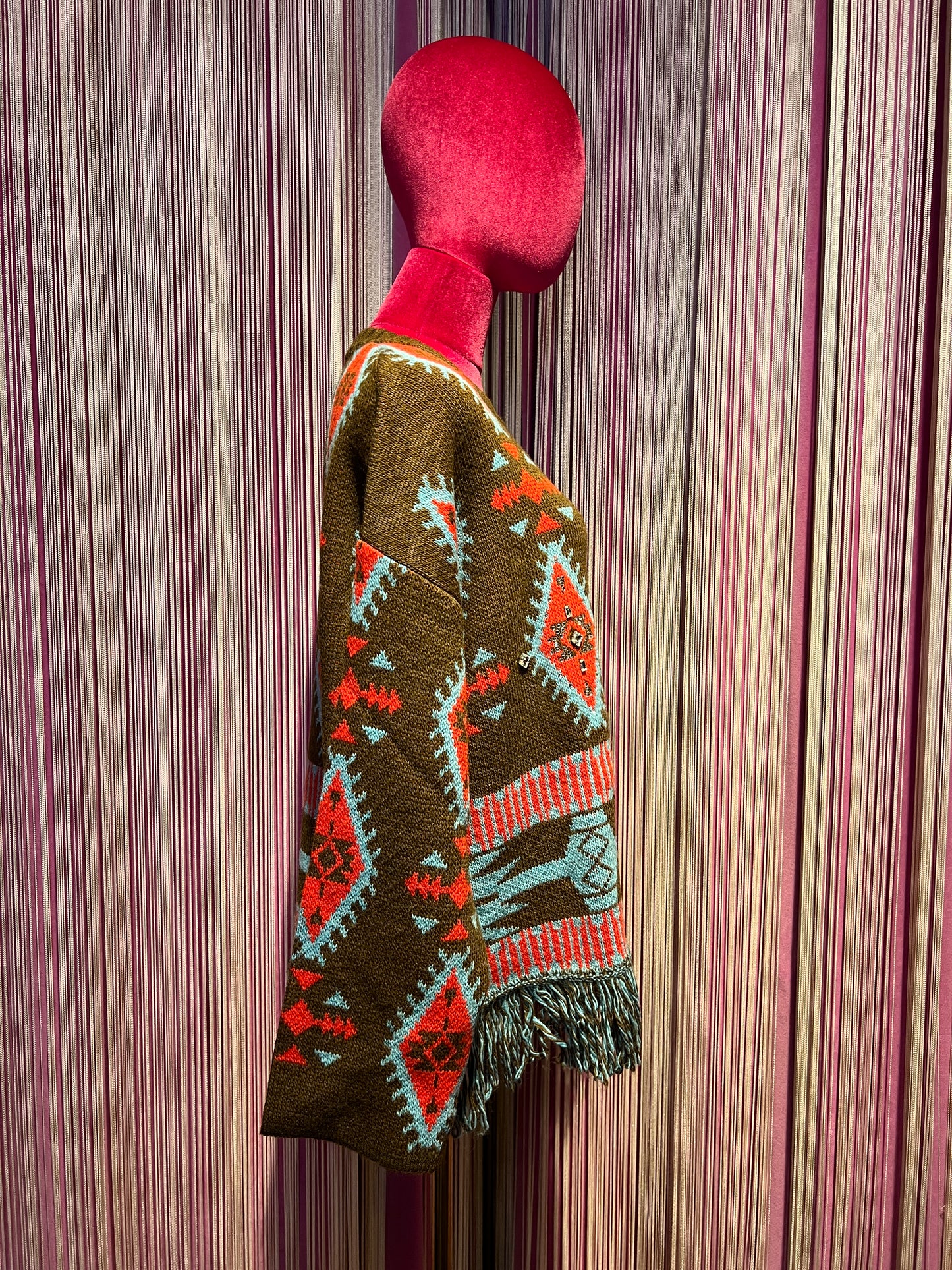 Colour market maglia jacquard con frangia e Swarovski marrone turchese e rosso