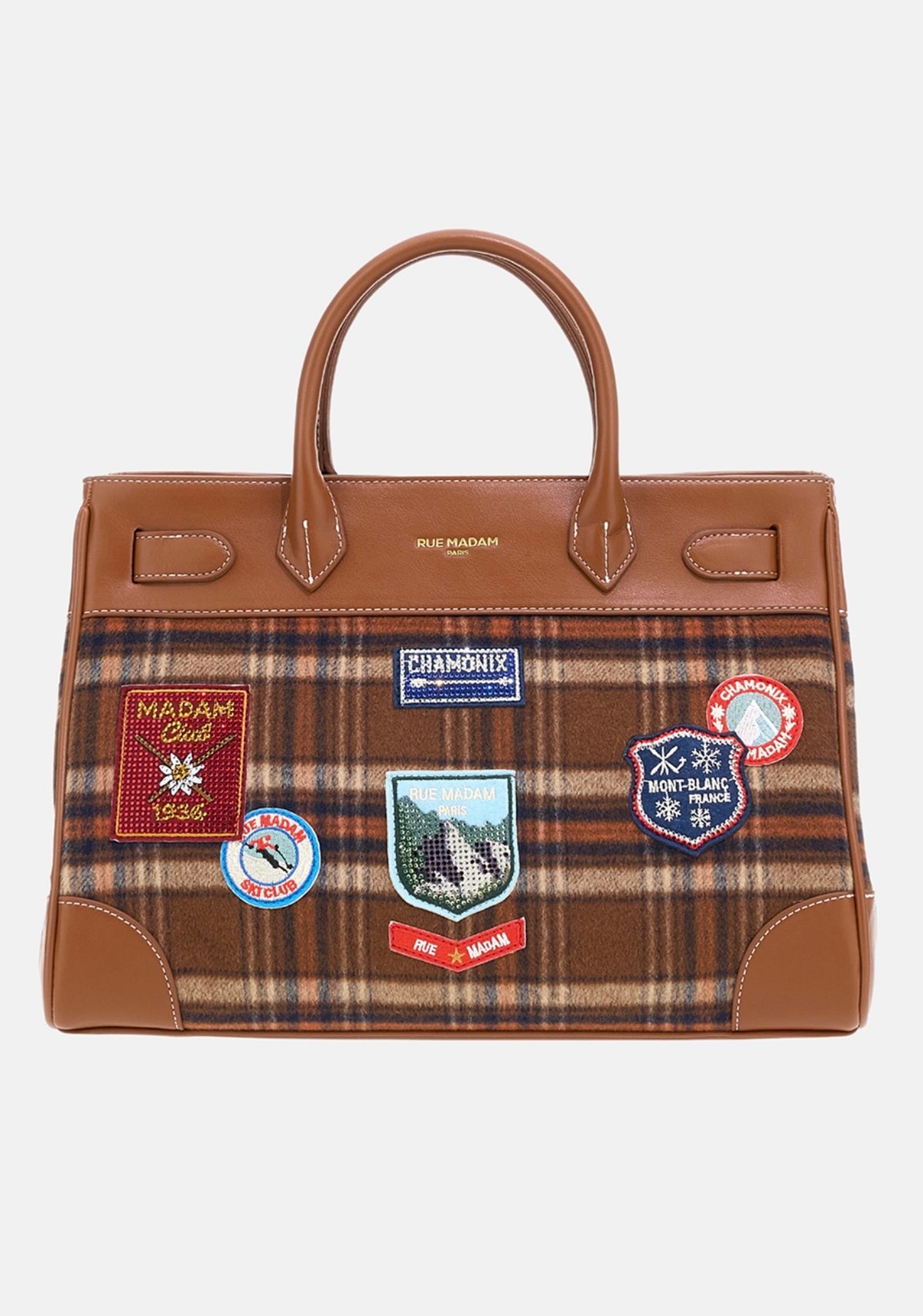 Rue Madam Paris borsa due manici in panno e ecopelle fantasia check tartan/orange con tracolla