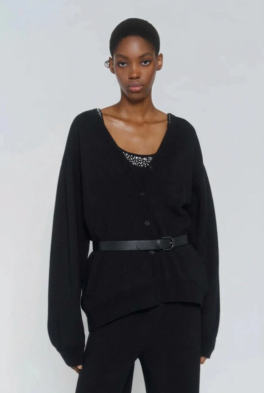 Circus Hotel cardigan nero misto cachemire reversibile fronte e retro completo di cinturino in pelle