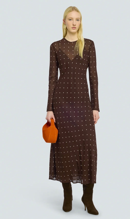 Semicouture abito in georgette stampa a pois bianchi sfondo moka