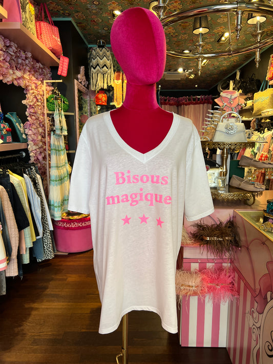 Mon amour Paris -20% di sconto t-shirt over scollo a V scritta “ bisous magiques “ glitter rosa bubble
