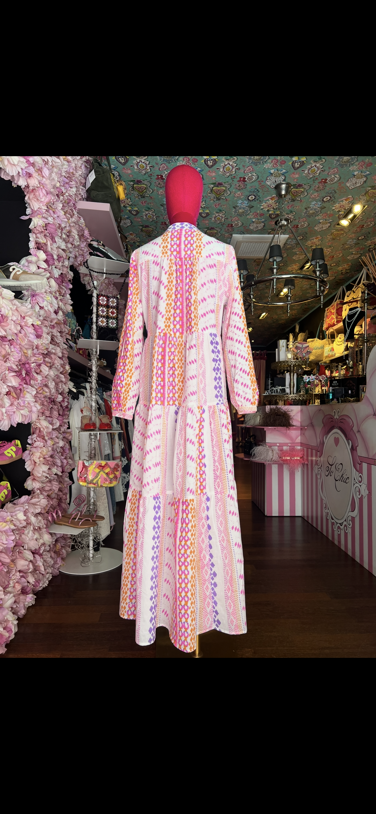 Mon amour Paris meno 20% di sconto abito lungo a balze fantasia fondo bianco