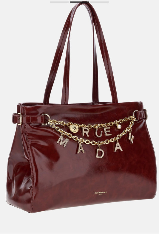 Rue Madam Paris borsa shopping in ecopelle effetto vinile burgundi impreziosita da charms con doppia catena