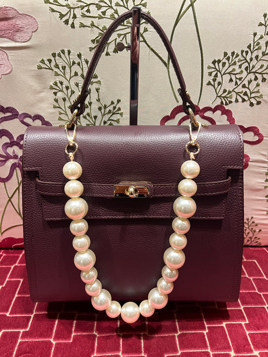 Borsa pelle Burgundy con tracolla e perle