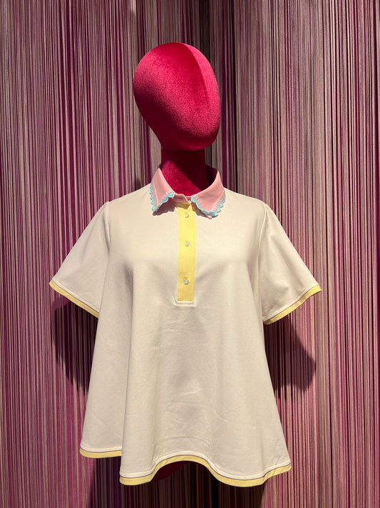 Sincere Paris polo nido d’ape bianca e gialla colletto rosa e celeste