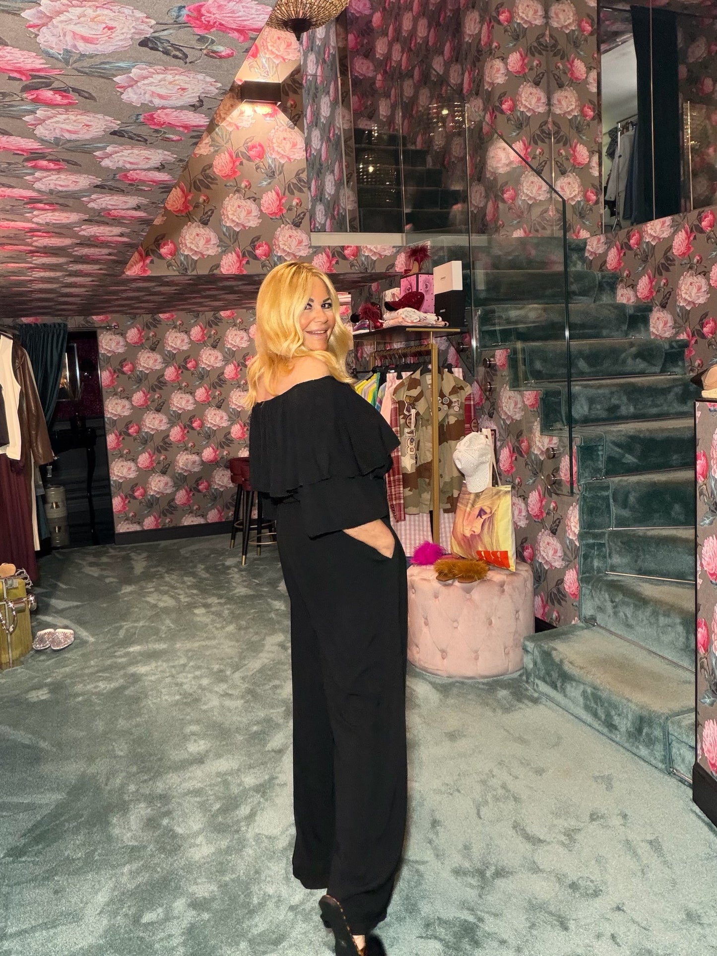 Love & roses -50% completo nero oversize blusa scollo Bardot e pantalone palazzo con elastico in vita