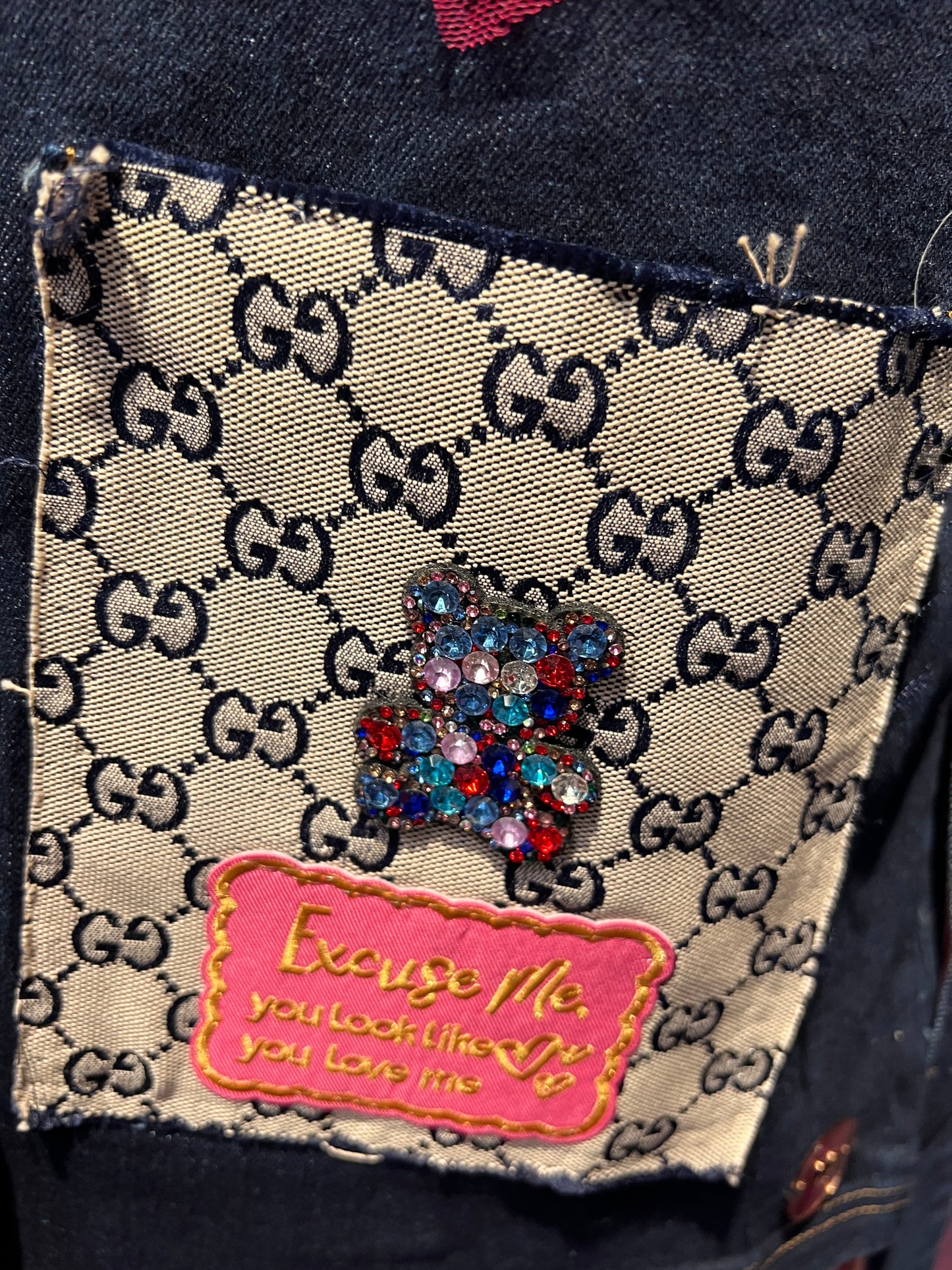 ABpink🩷 giacca denim con cintura con applicazione ramage fucsia patch e tasche logate GG