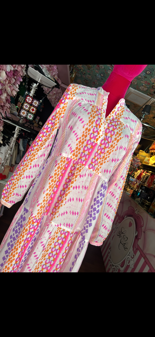 Mon amour Paris meno 20% di sconto abito lungo a balze fantasia fondo bianco