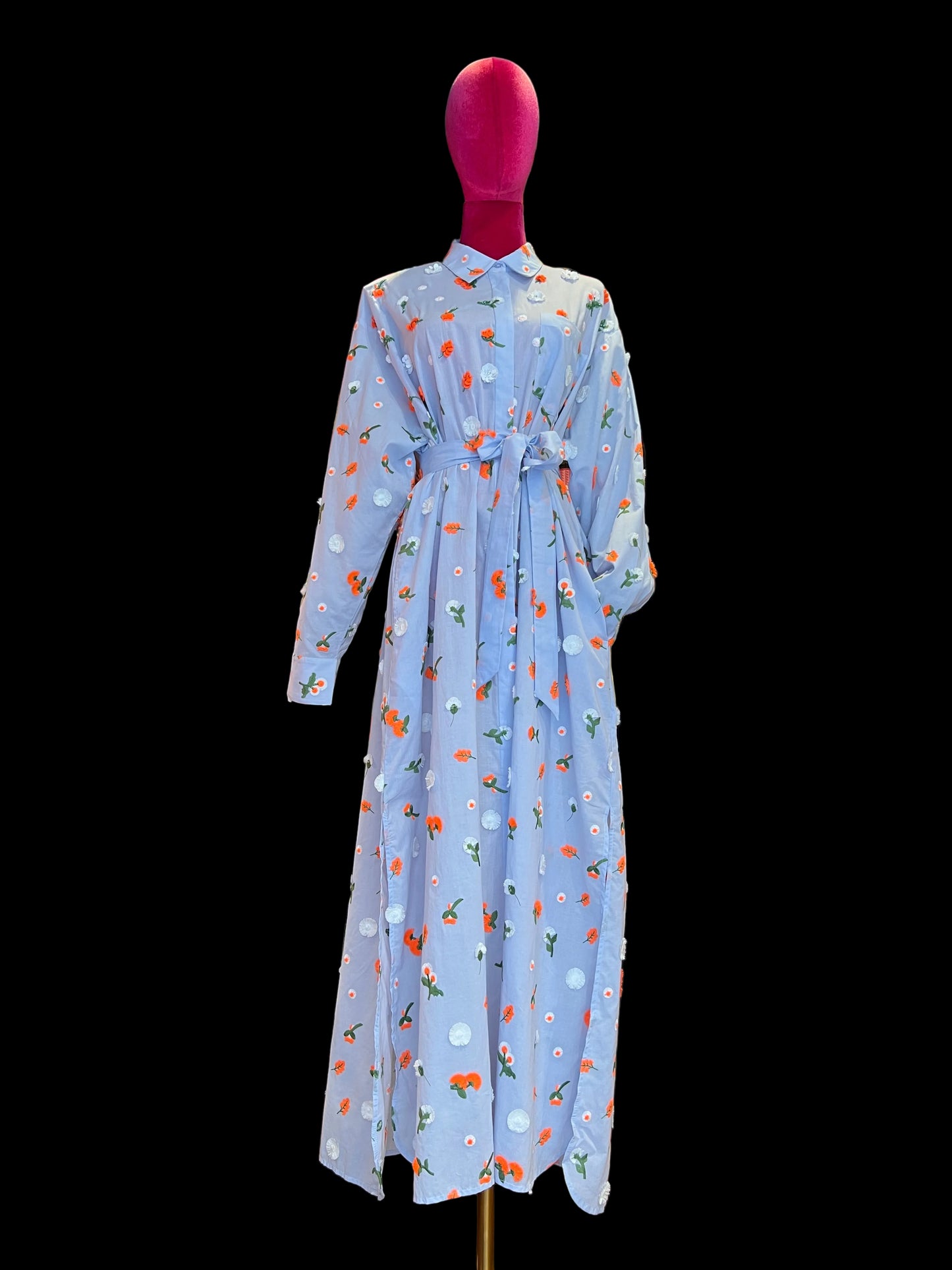 Essentiel antwerp abito chemisier celeste con decorazioni floreali in paillettes strass e perline arancione verdi