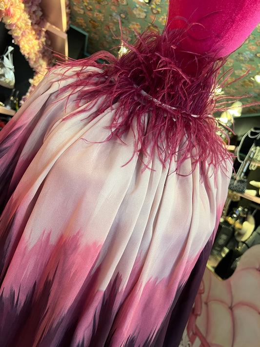 Dahlo blusa drappeggiata collo con piume rosa boreale