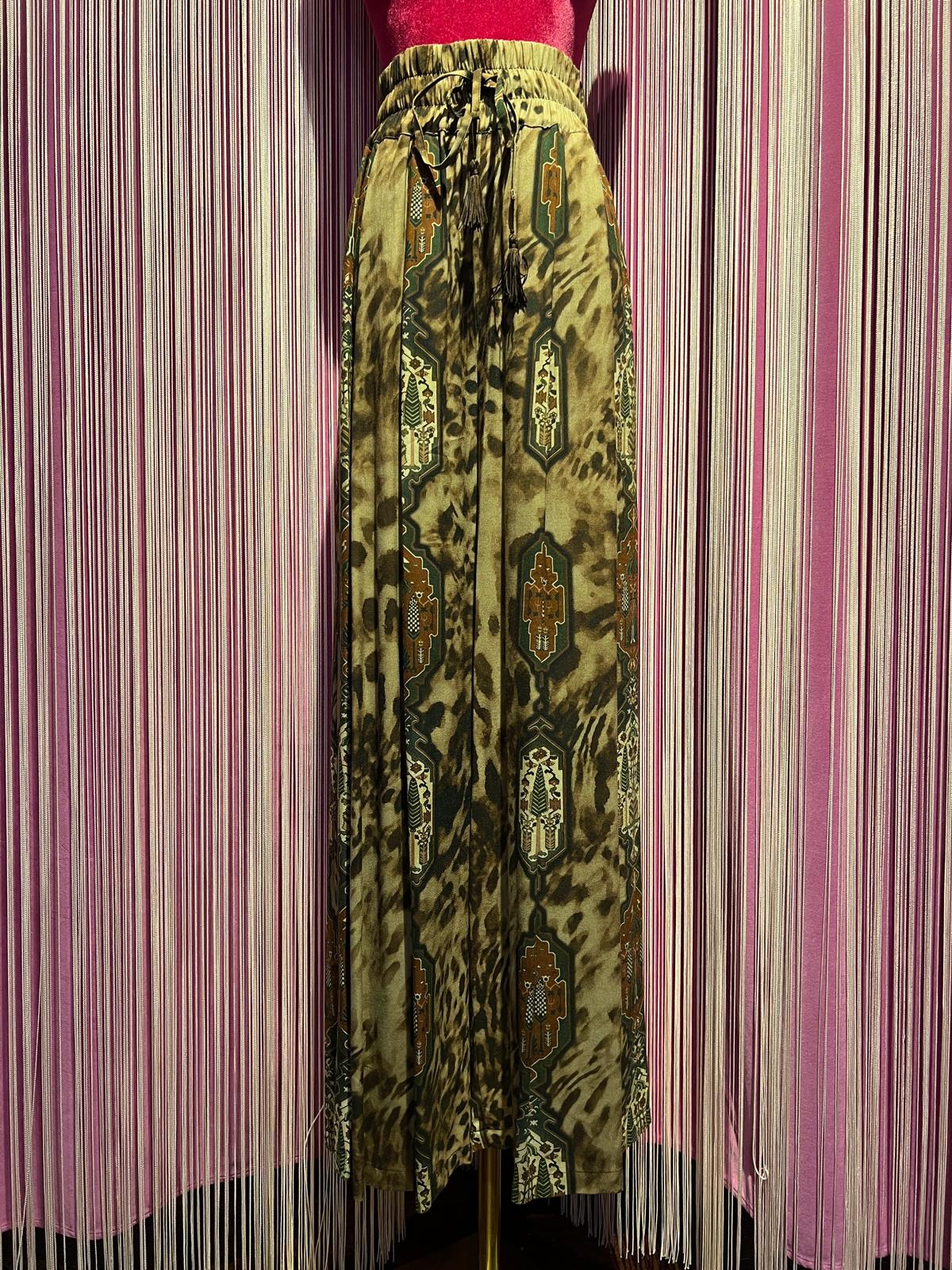 Front street pantalone gamba ampia con elastico in vita , fantasia geometrica su sfondo animalier