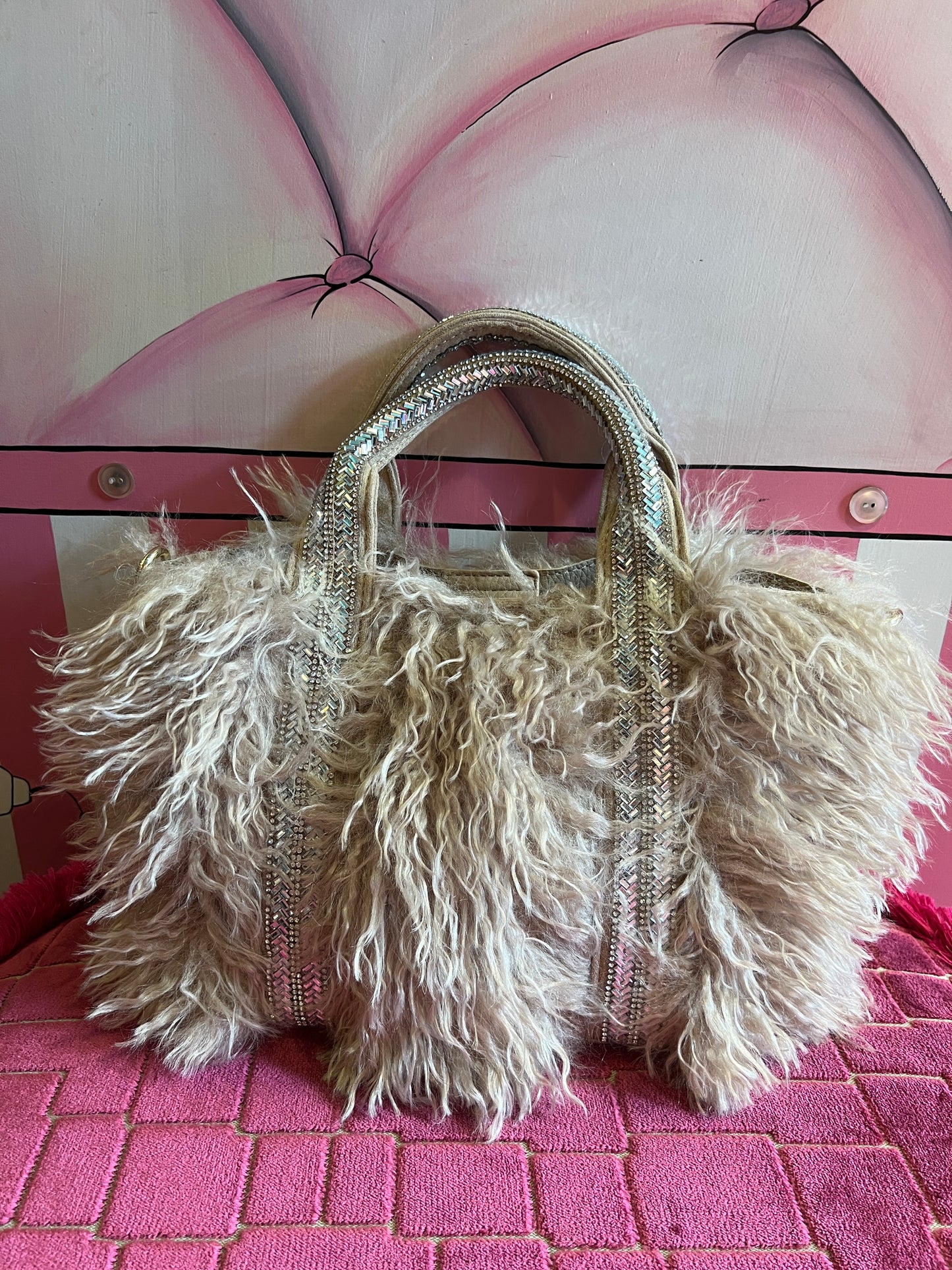 Borsa ecopelliccia beige piccola due manici Swarovski pochette e tracollina