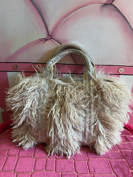 Borsa ecopelliccia beige piccola due manici Swarovski pochette e tracollina