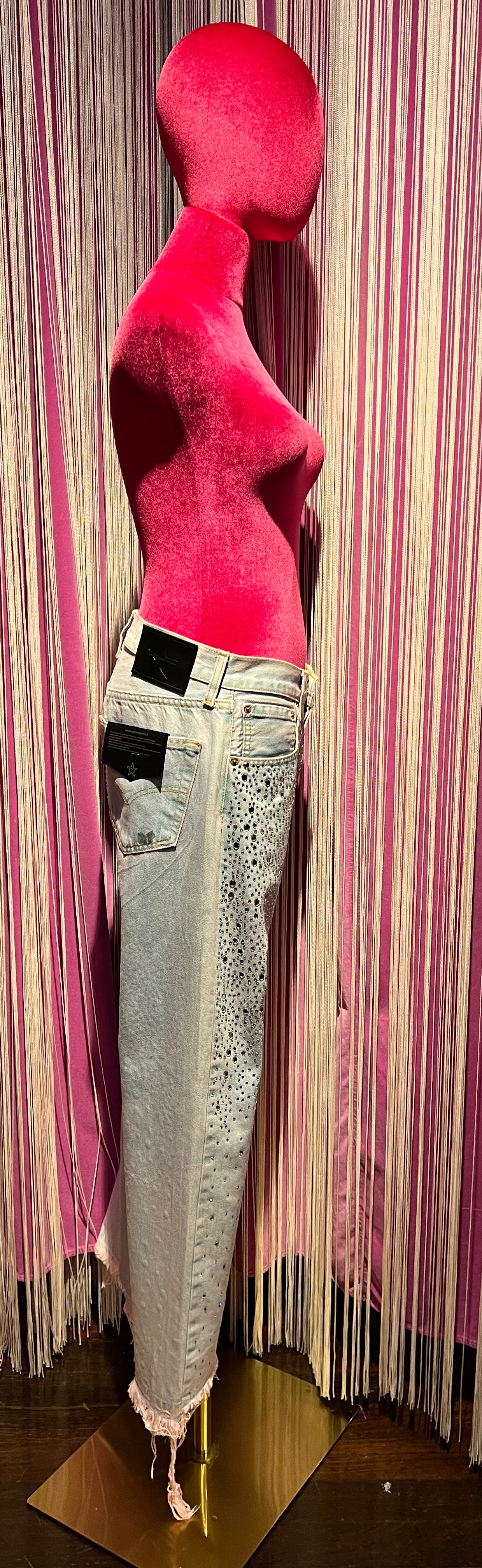 Rossano Perini jeans vintage ultraboy sovratinto dirty rosa applicazioni strass flat