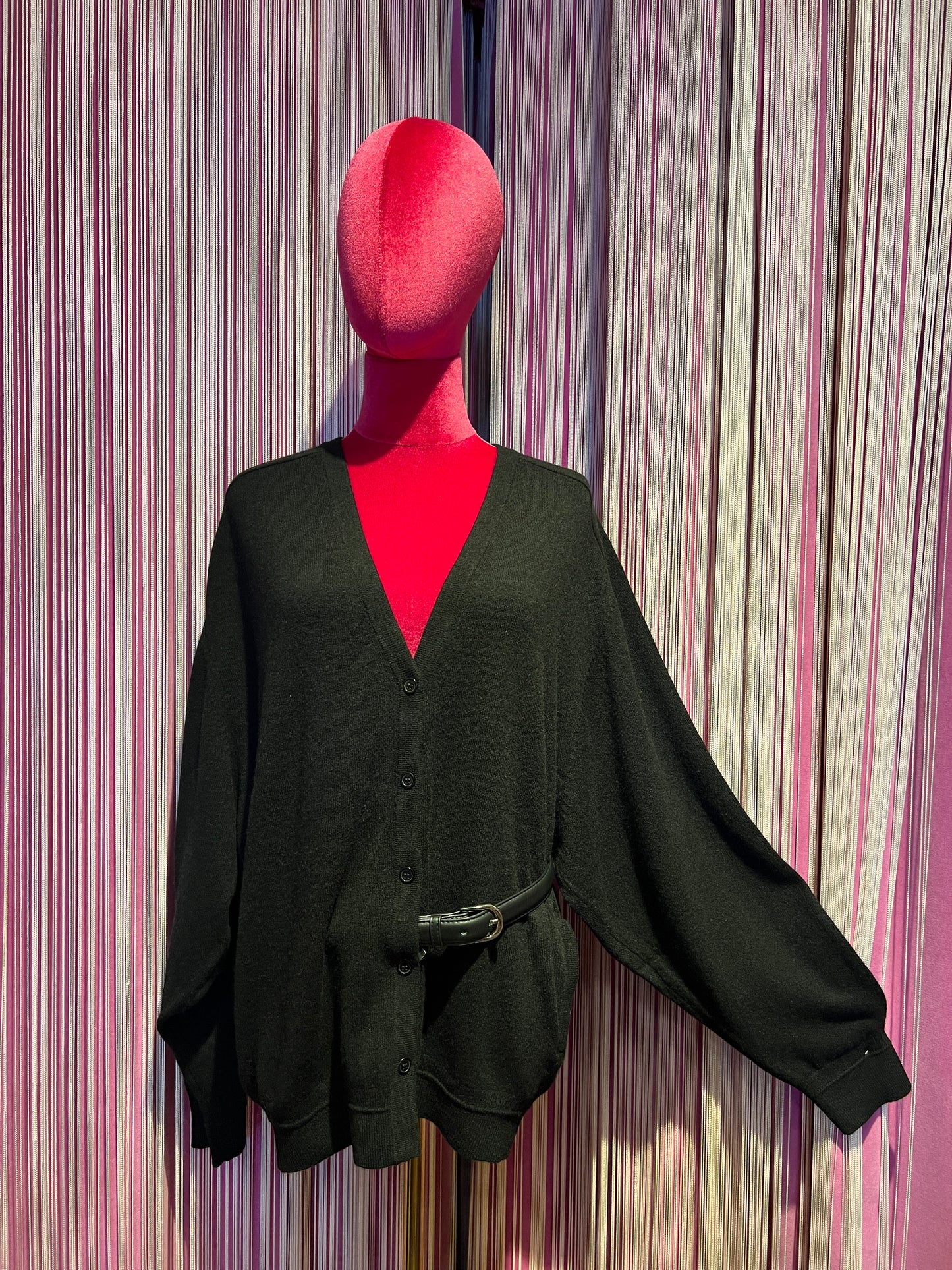 Circus Hotel cardigan nero reversibile fronte-retro in lana e cachemire con cintura vera pelle