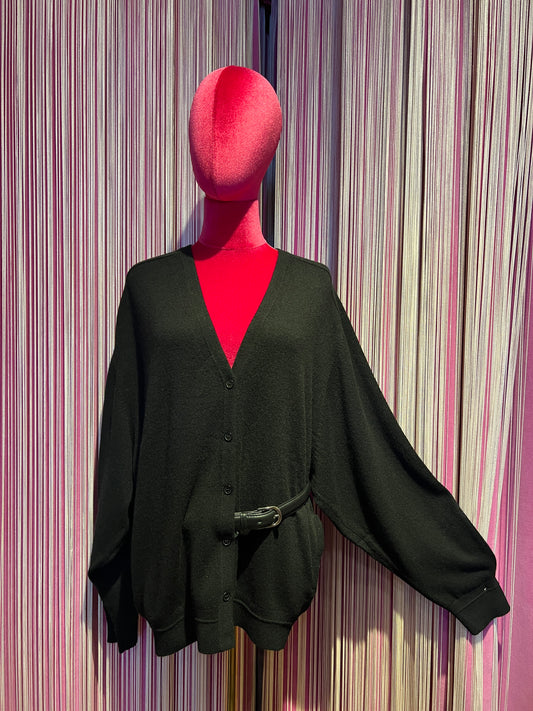 Circus Hotel cardigan nero reversibile fronte-retro in lana e cachemire con cintura vera pelle