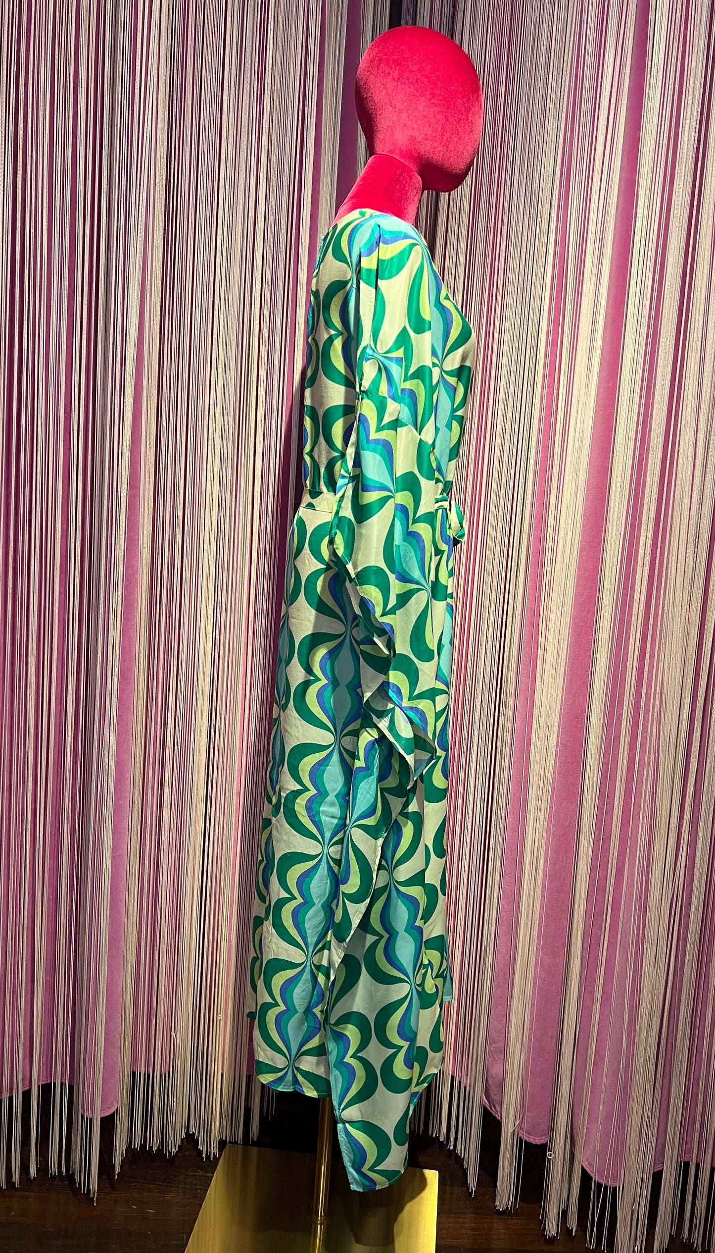 Sundress caftano fantasia astratta verde turchese e bianco