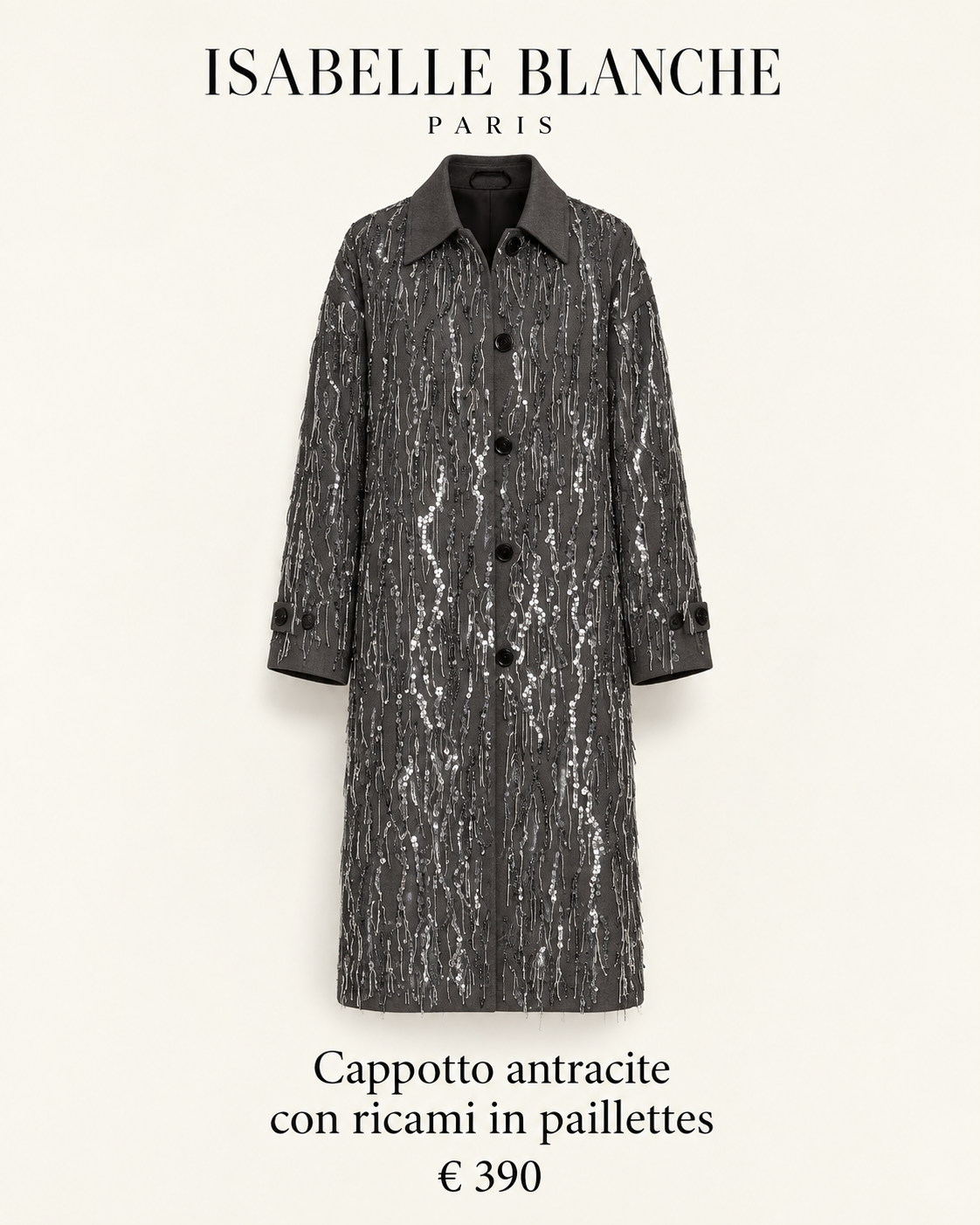 Isabelle Blanche Paris cappotto antracite con ricami paillettes