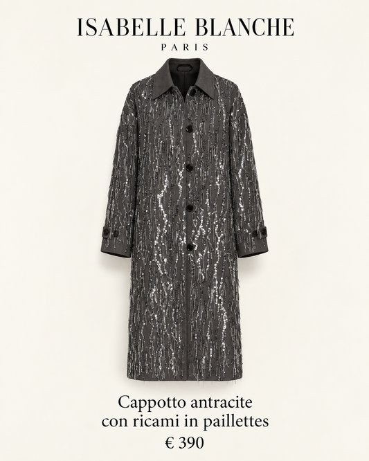 Isabelle Blanche Paris cappotto antracite con ricami paillettes