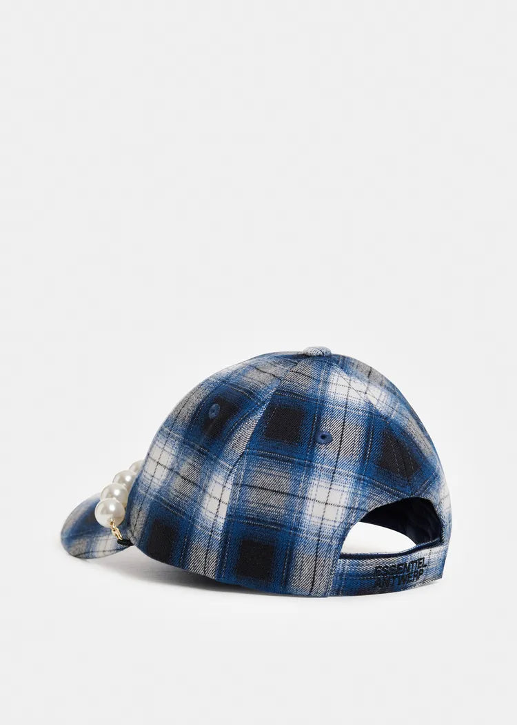 Essentiel antwerp cappello con visiera a quadri blue con decorazione rimovibile in finte perle
