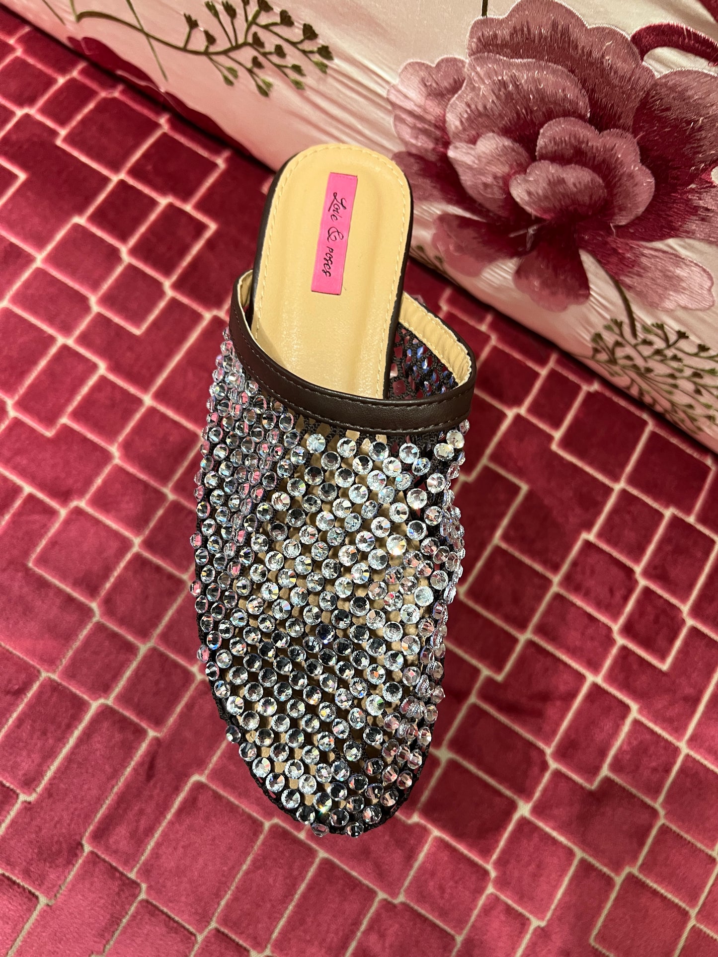 Love & roses ciabattina Swarovski rifinitura marrone