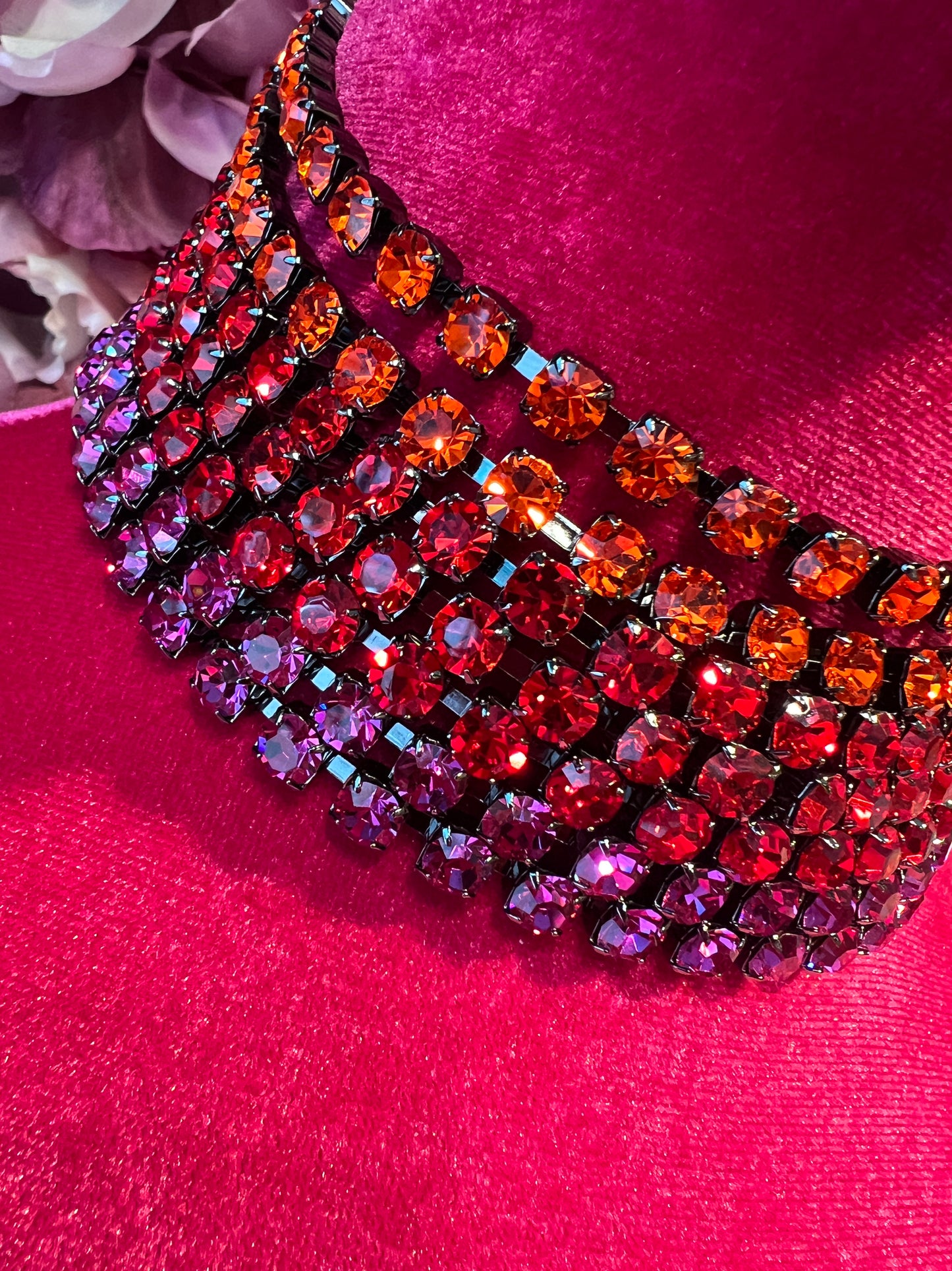 Choker cristalli 7 fili arancio rosso e rosa