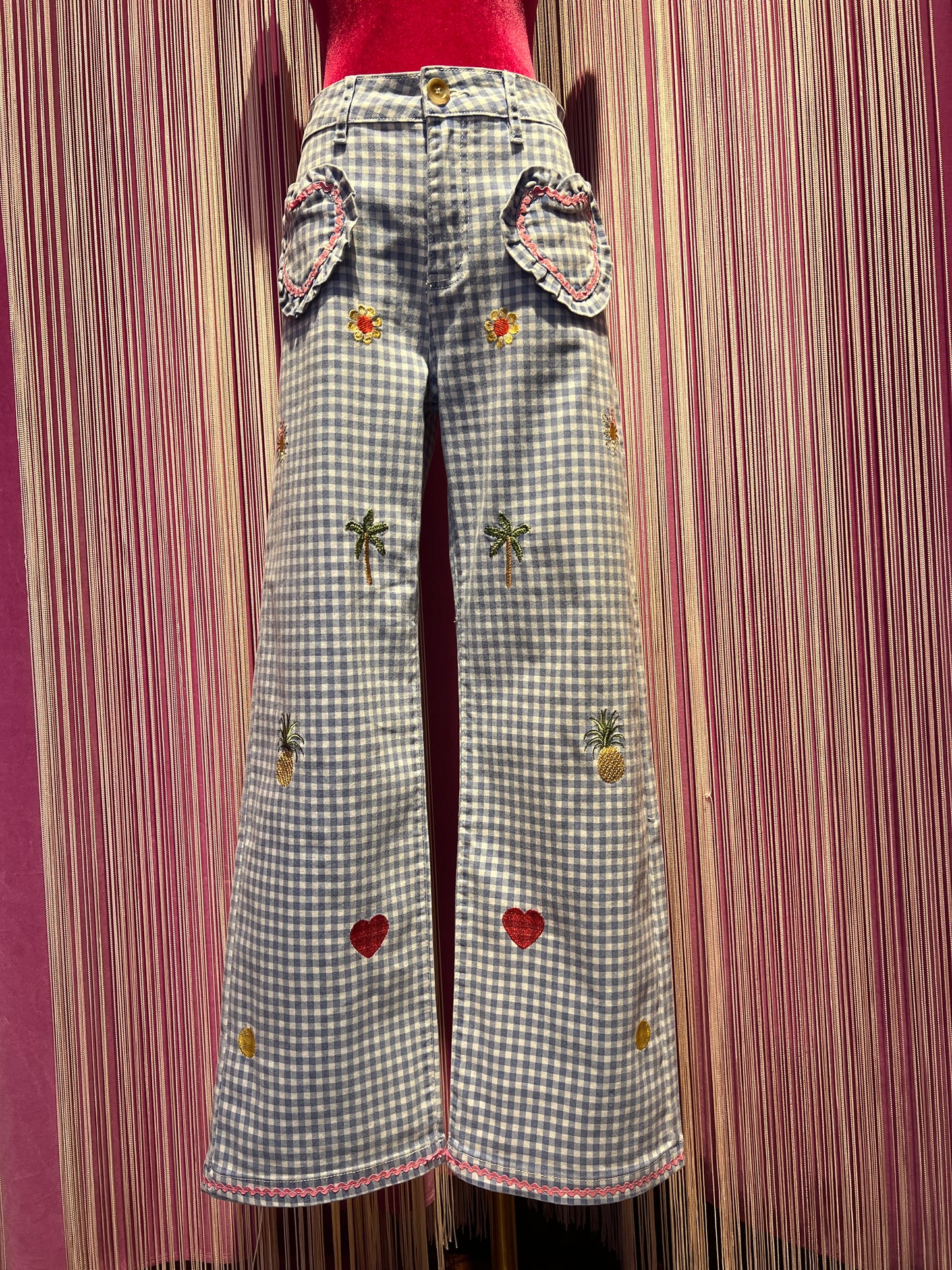 Love & roses pantaloni a quadretti vichy celesti e bianchi tasche a cuore
