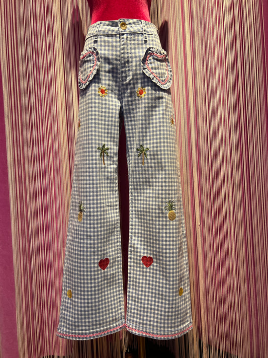 Love & roses pantaloni a quadretti vichy celesti e bianchi tasche a cuore