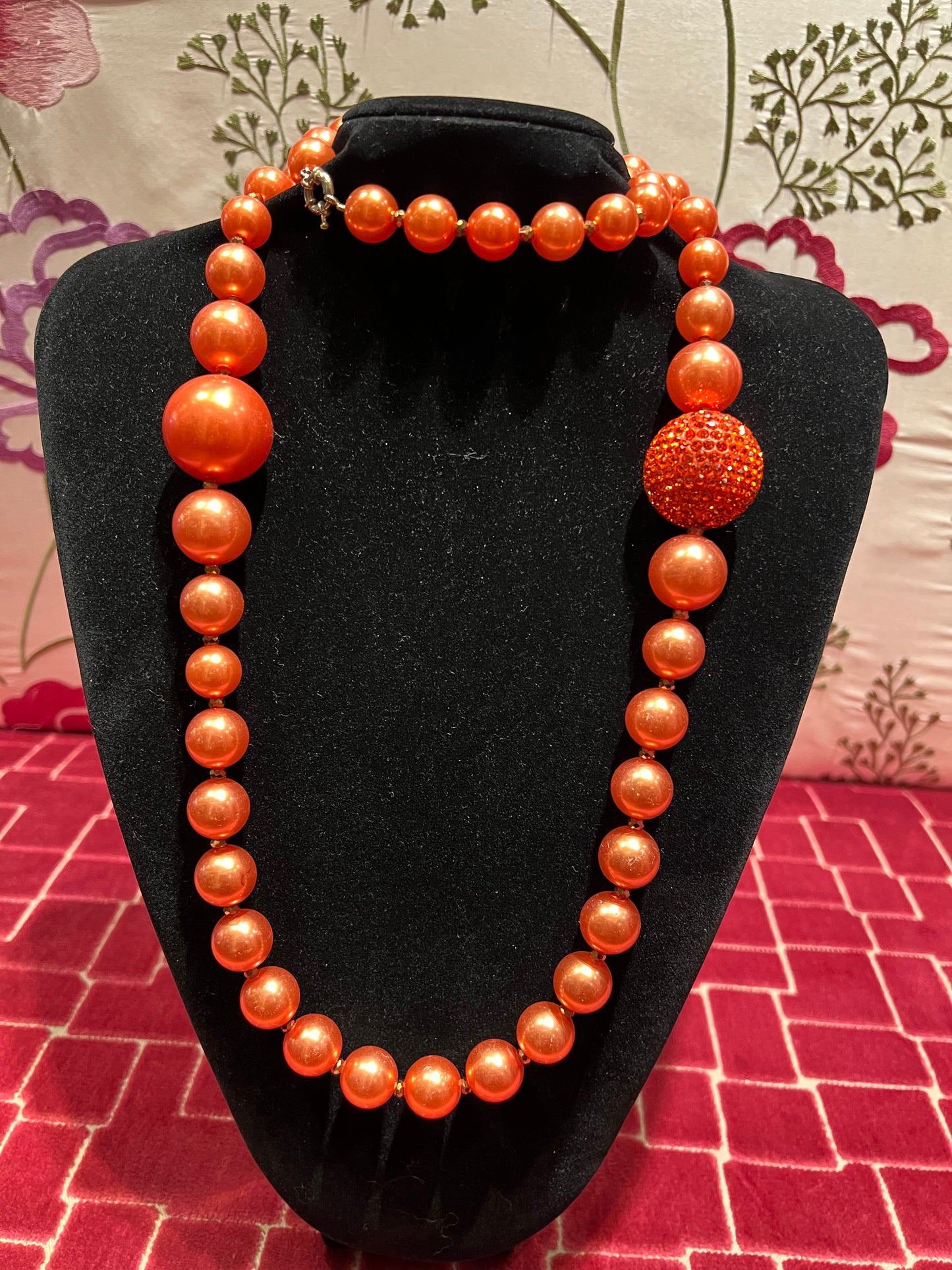 Collana perle lunga sfera cristalli arancio