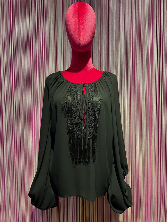 Dahlo blusa girocollo con frangia e maniche ampie